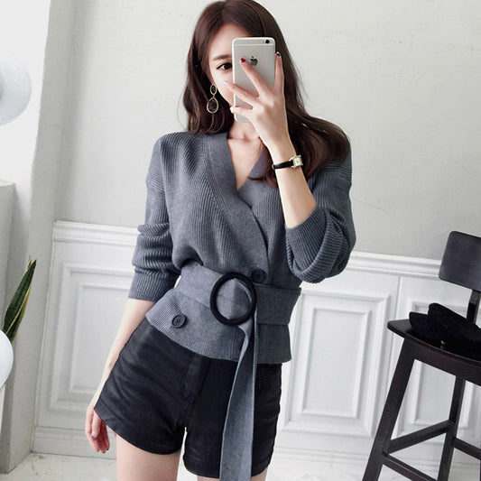 Cross-border women's clothing  winter new product Korean version temperament V-neck double-breasted short knitted cardigan sweater jacket women