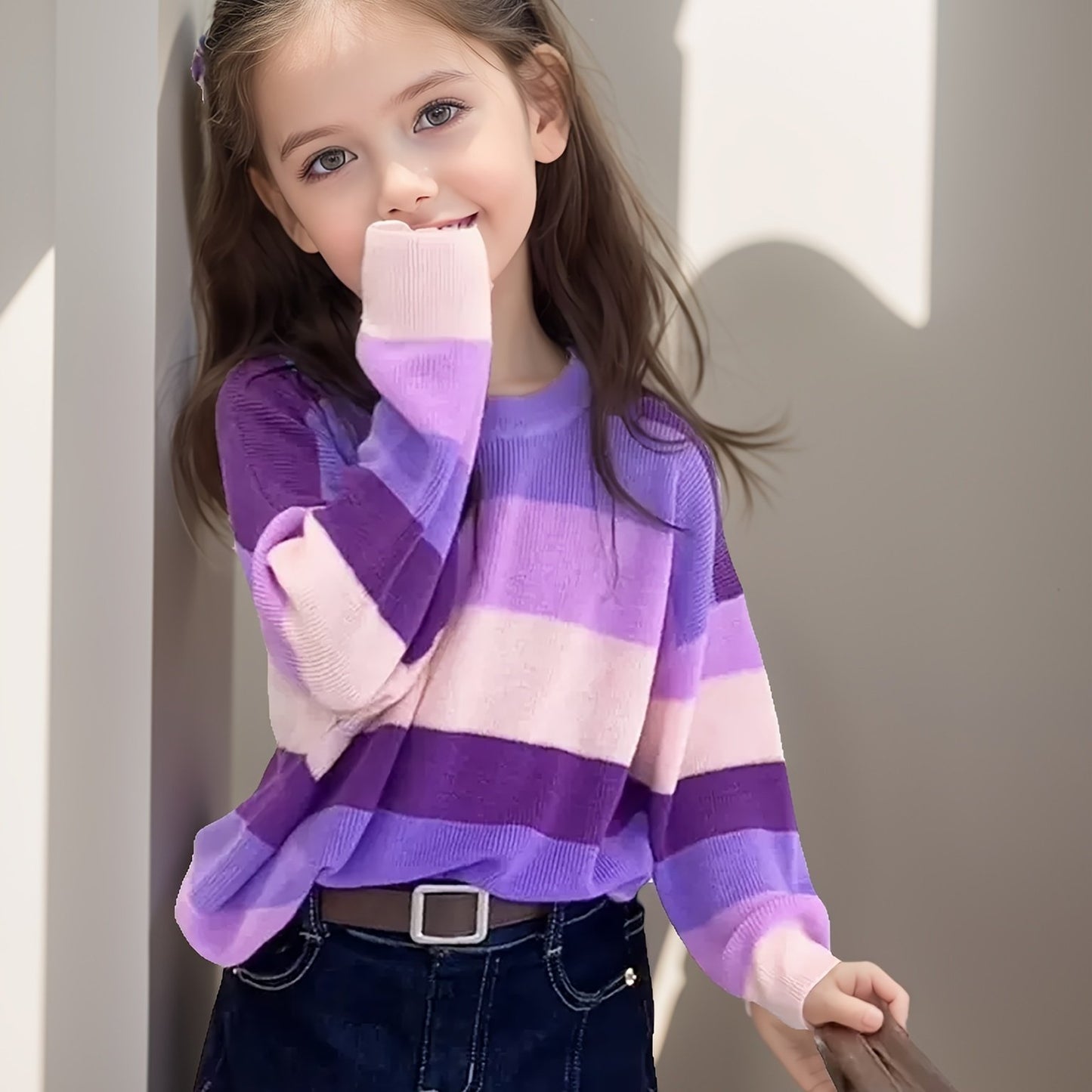 Vibrant Contrast Color Knit Sweater for Girls - Soft, Loose, Comfy Crew Neck Pullover with Long Sleeves, Perfect for Fall and Spring Season, Casual Knitwear Tops for Everyday Wear