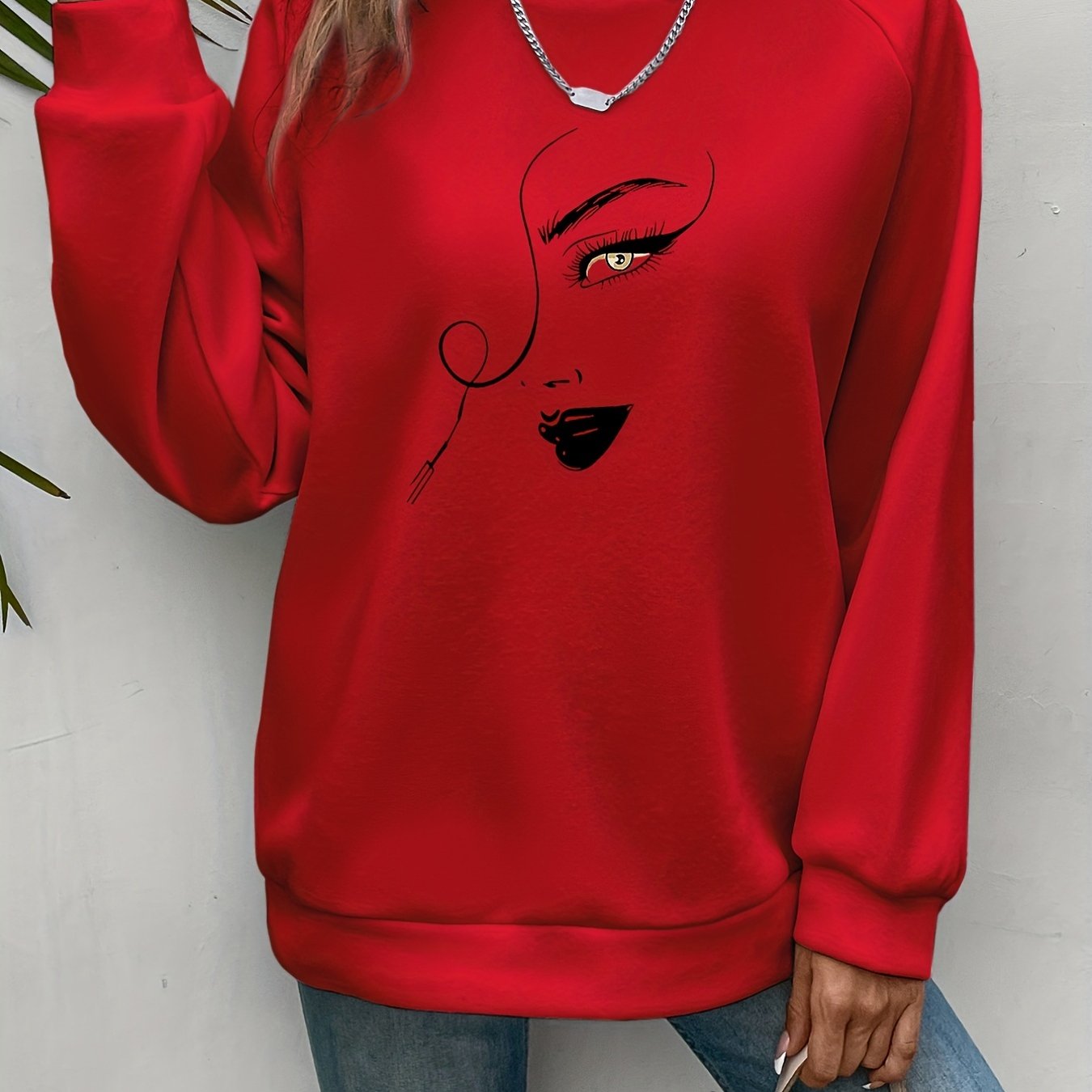 dunnmall  Graphic Print Pullover Sweatshirt, Casual Long Sleeve Crew Neck Sweatshirt For Spring & Fall, Women's Clothing