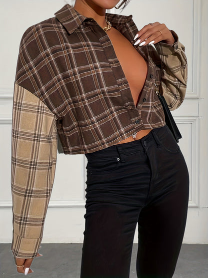 Plaid Print Color Block Crop Jacket, Casual Drop Shoulder Button Front Jacket, Women's Clothing