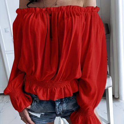 Off Shoulder Ruffle Trim Blouse, Casual Long Sleeve Blouse For Spring & Fall, Women's Clothing