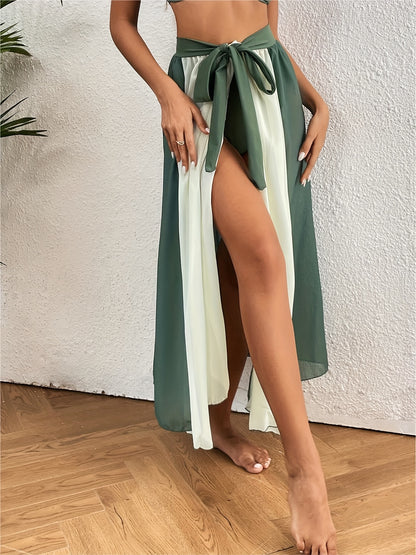 White & Green Cover Up Maxi Skirt Without Top, High Waist Sexy Style Split Beachwear Cover Up Skirt, Women's Swimwear & Clothing