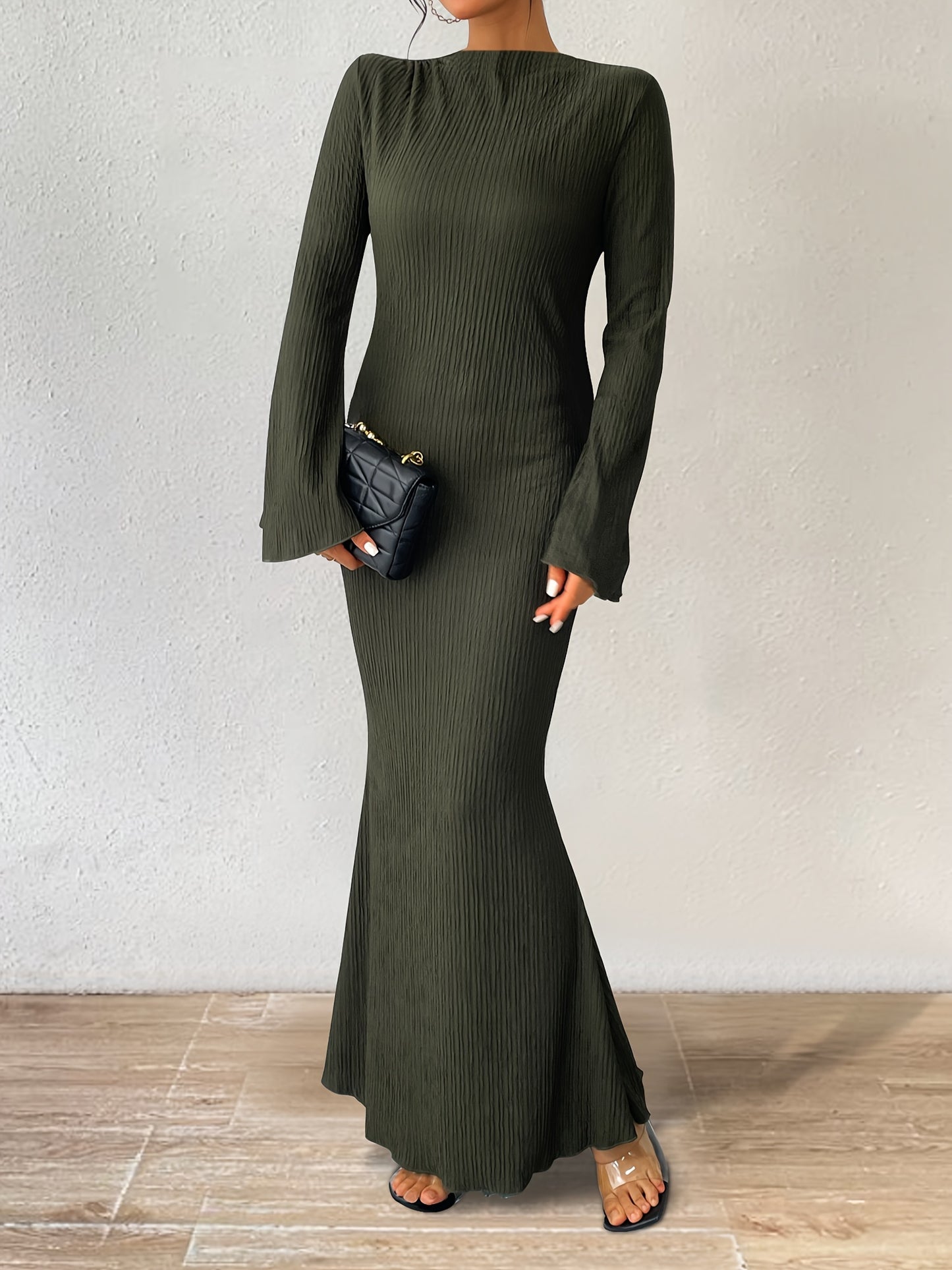 Solid Flared Sleeve Maxi Dress, Elegant Crew Neck Bodycon Dress, Women's Clothing