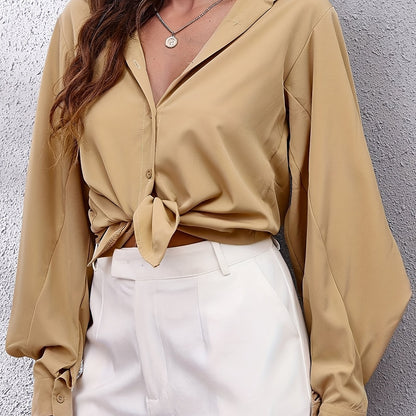 dunnmall  Solid Button Front Dopamine Blouse, Casual Lapel Long Lantern Sleeve Blouse For Spring & Fall, Women's Clothing