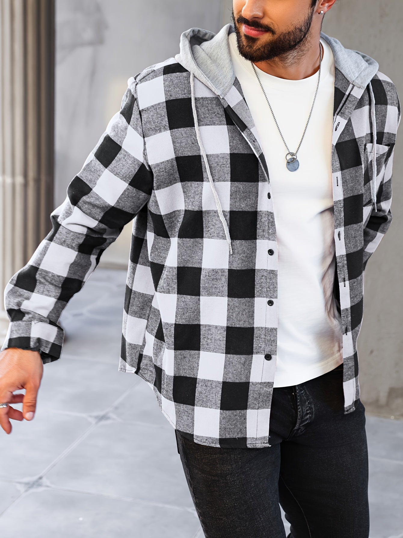 Men's Plus Size Plaid Hooded Jacket - Casual Button-Up Shirt with Pockets, Machine Washable, PLUS SIZE