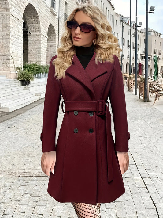 Solid Double Breasted Pea Coat, Elegant Belted Lapel Outwear For Fall & Winter, Women's Clothing