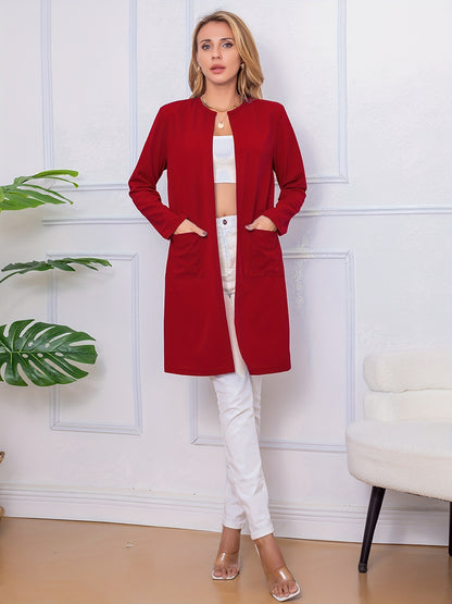 Long Length Open Front Coat, Casual Long Sleeve Solid Outerwear, Women's Clothing