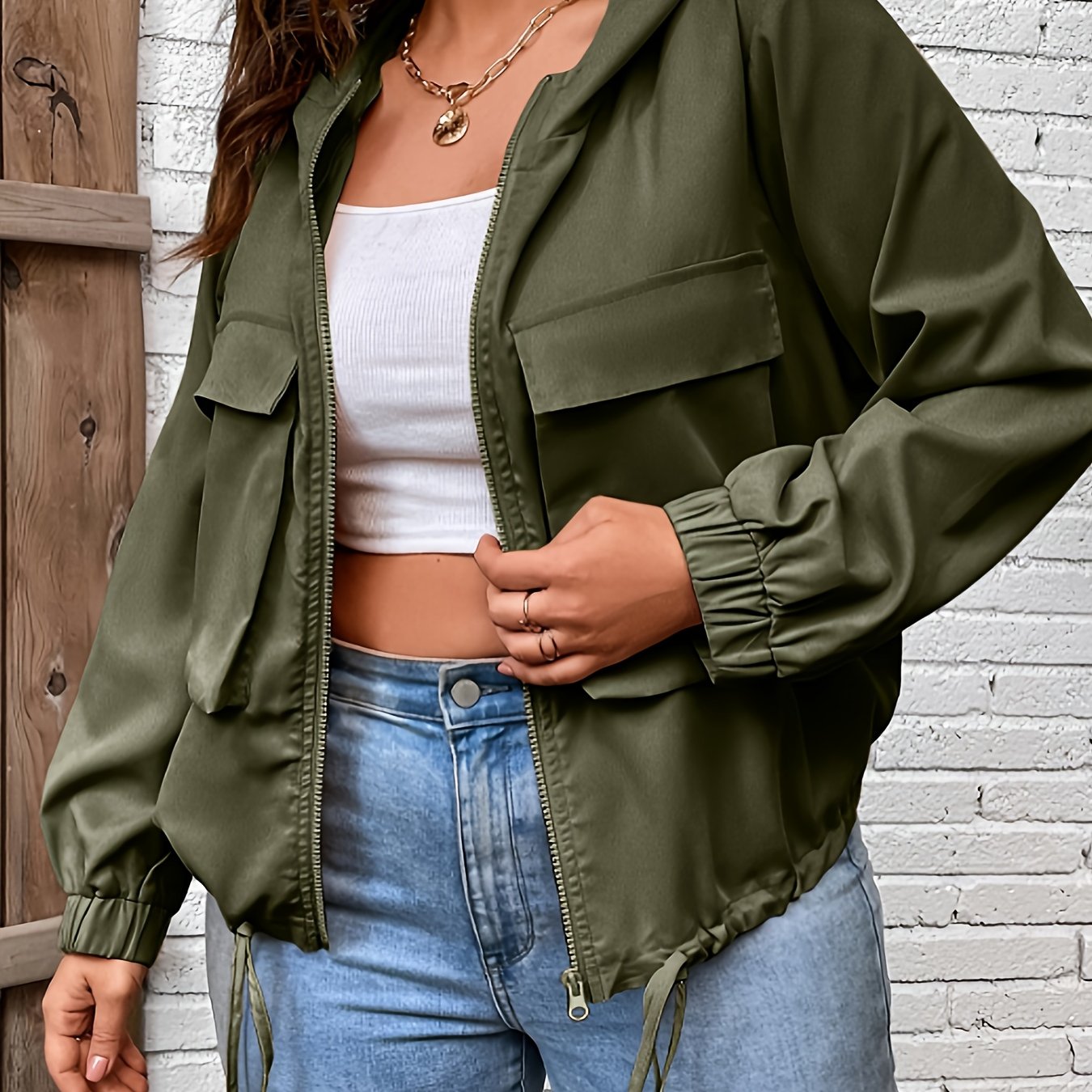 Plus Size Casual Jacket, Women's Plus Solid Long Sleeve Zipper Hooded Drawstring Jacket With Flap Pockets