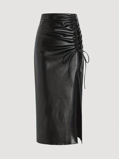 Faux Leather Drawstring Split Skirt, Casual High Waist Bodycon Solid Skirt, Women's Clothing