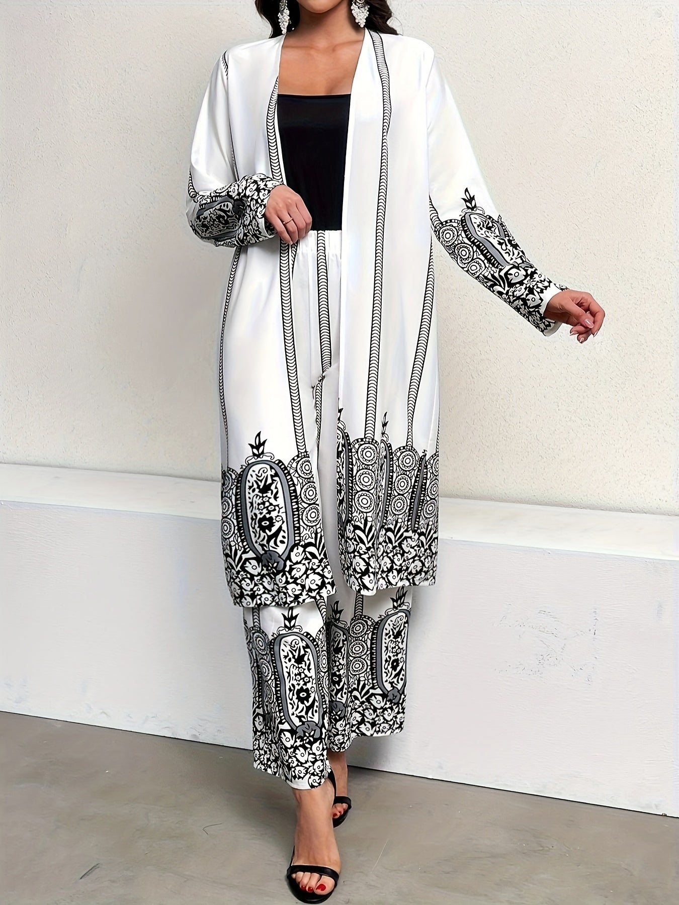 Tribal Print Matching Two-piece Set, Casual Open Front Long Sleeve Top & Wide Leg Pants Outfits, Women's Clothing