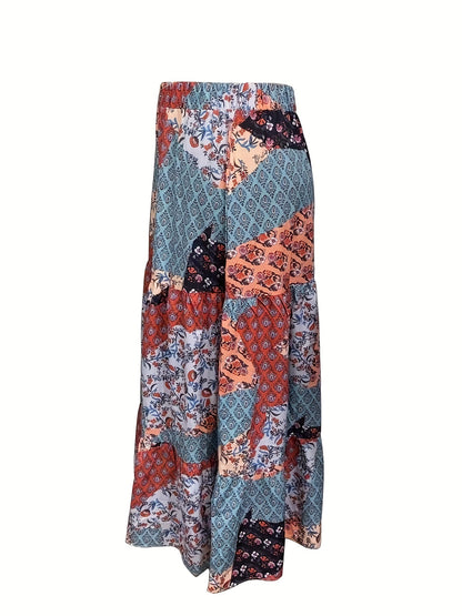 Plus Size Boho Skirt, Women's Plus Stitching Floral Print High Rise Pleated Maxi Skirt