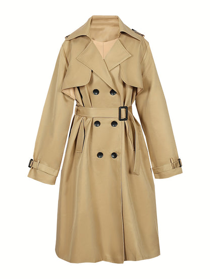 dunnmall  Double Breasted Trench Coat, Casual Lapel Long Sleeve Outerwear, Women's Clothing