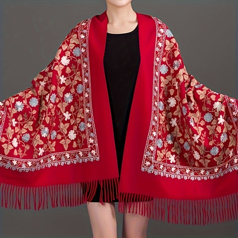 Women's Classic Embroidered Scarf - Polyester, Non-Stretch, Woven Tassel Shawl For Autumn/Winter Cheongsam & Summer Outerwear, Versatile For Warmth, Decoration, Wind Protection - Hand Or Dry Clean Only