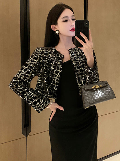 dunnmall  Contrast Sequin Open Front Slim Coat, Elegant Long Sleeve Crop Coat For Every Day, Women's Clothing