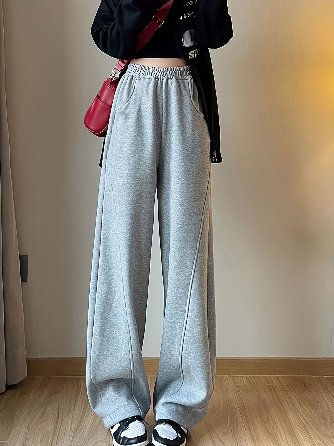 dunnmall Solid Elastic High Waist Sweatpants, Casual Sporty Wide Leg Pants With Pocket, Women's Clothing