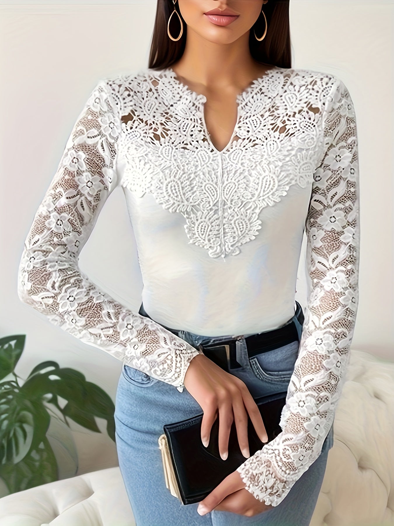 dunnmall Solid Contrast Lace T-Shirt, Casual Notched Neck Long Sleeve Top For Spring & Fall, Women's Clothing