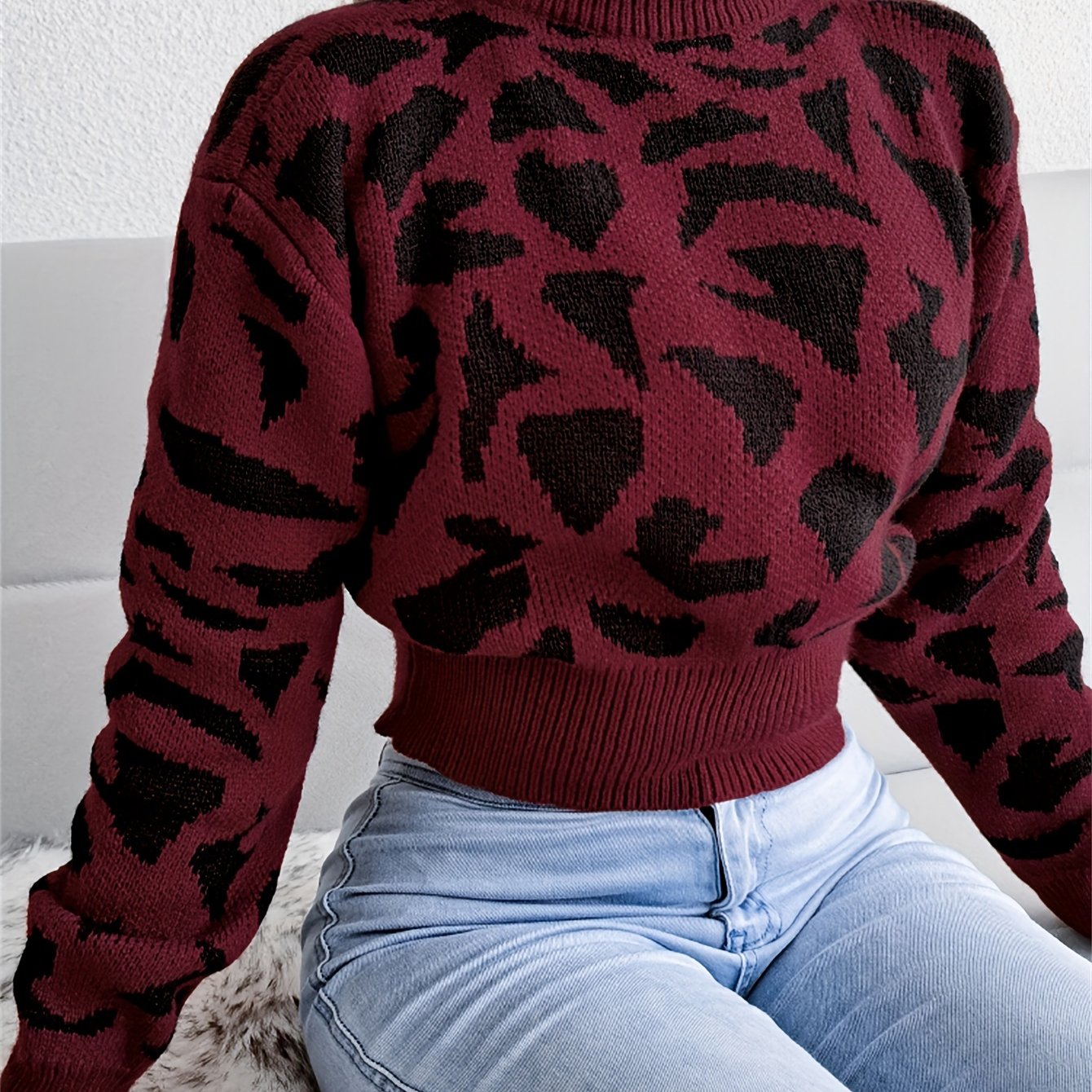 dunnmall Leopard Print Crop Sweater, Casual Crew Neck Long Sleeve Sweater, Casual Tops For Fall & Winter, Women's Clothing