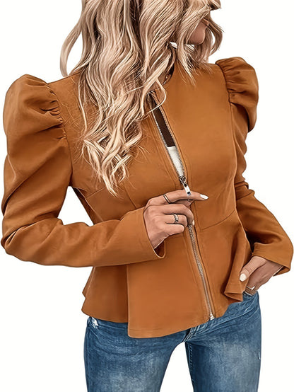 Zip Up Ruffle Hem Jacket, Casual Solid Puff Long Sleeve Outerwear, Women's Clothing