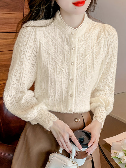 xieyinshe Button Front Textured Blouse, Chic Long Sleeve Top For Spring & Fall, Women's Clothing