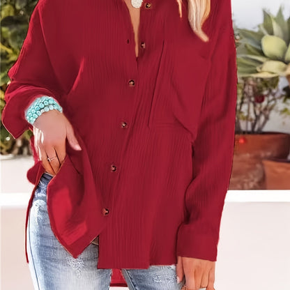 dunnmall  Plus Size Casual Shirt, Women's Plus Solid Button Up Long Sleeve Loose Collared Plain Blouse Top