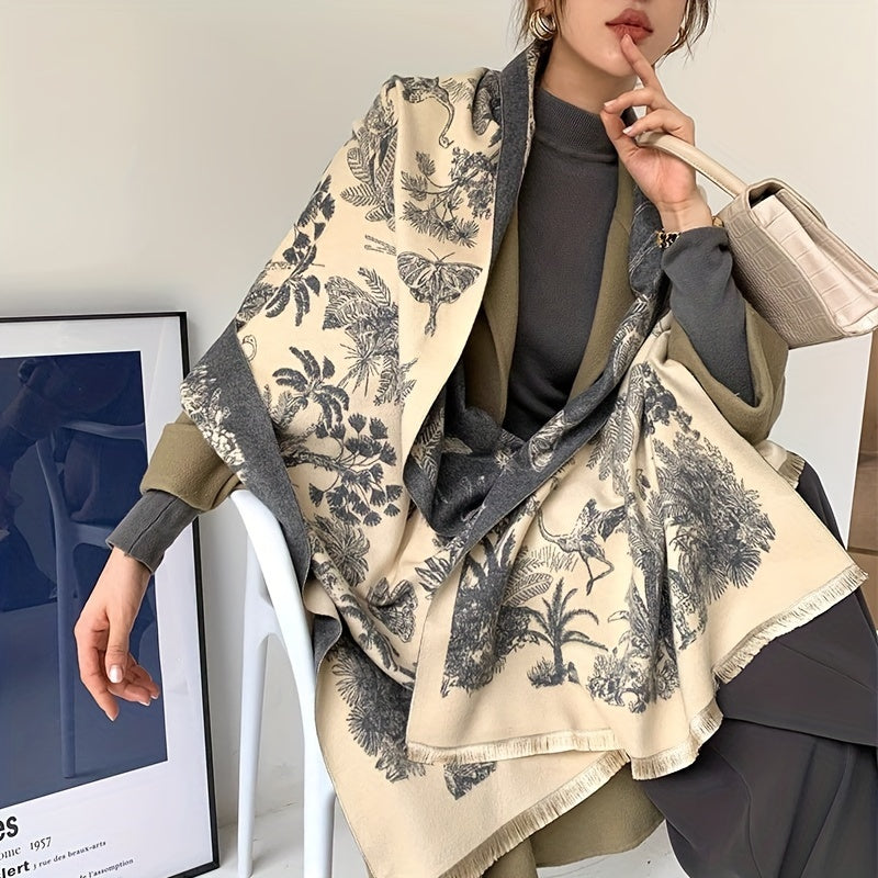 Vintage Plant Flower Jacquard Scarf Imitation Cashmere Elegant Soft Warm Cozy Fringe Shawl Autumn Winter Coldproof Windproof Blanket Scarf