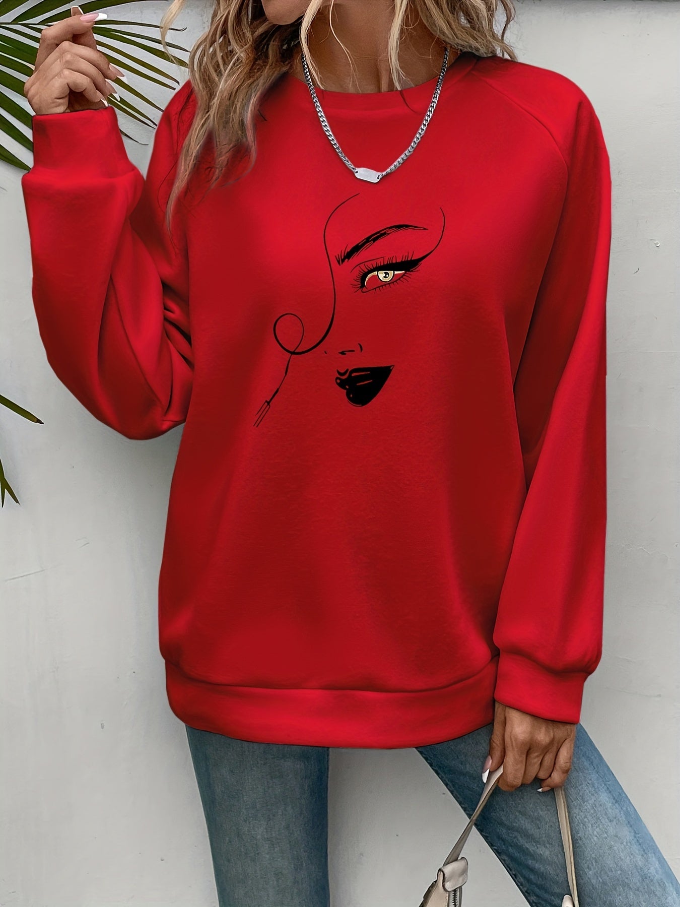 dunnmall  Graphic Print Pullover Sweatshirt, Casual Long Sleeve Crew Neck Sweatshirt For Spring & Fall, Women's Clothing