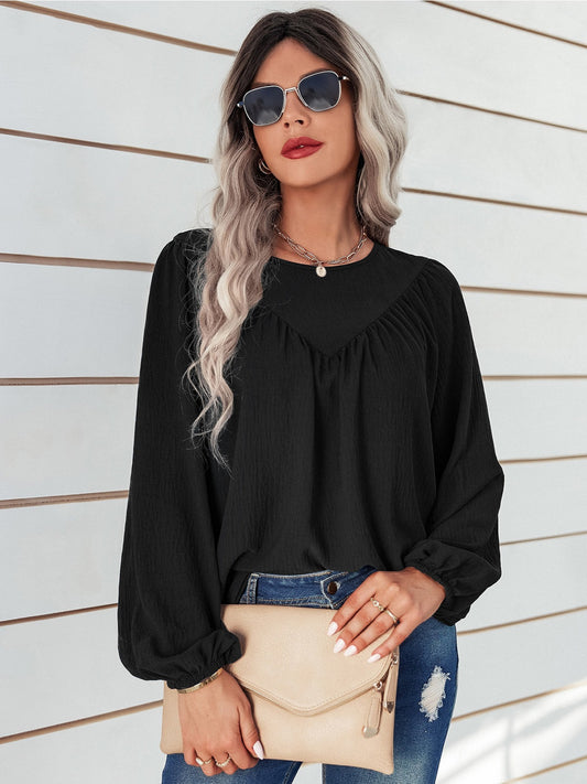 Women's Blouse Solid Round Neck Lantern Sleeve Blouse