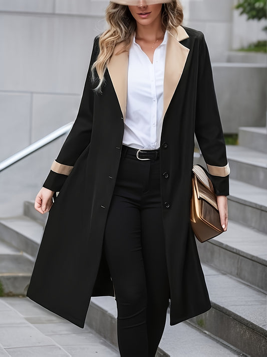 dunnmall  Button Front Contrast Trim Trench Coat, Casual Long Sleeve Trench Coat, Women's Clothing