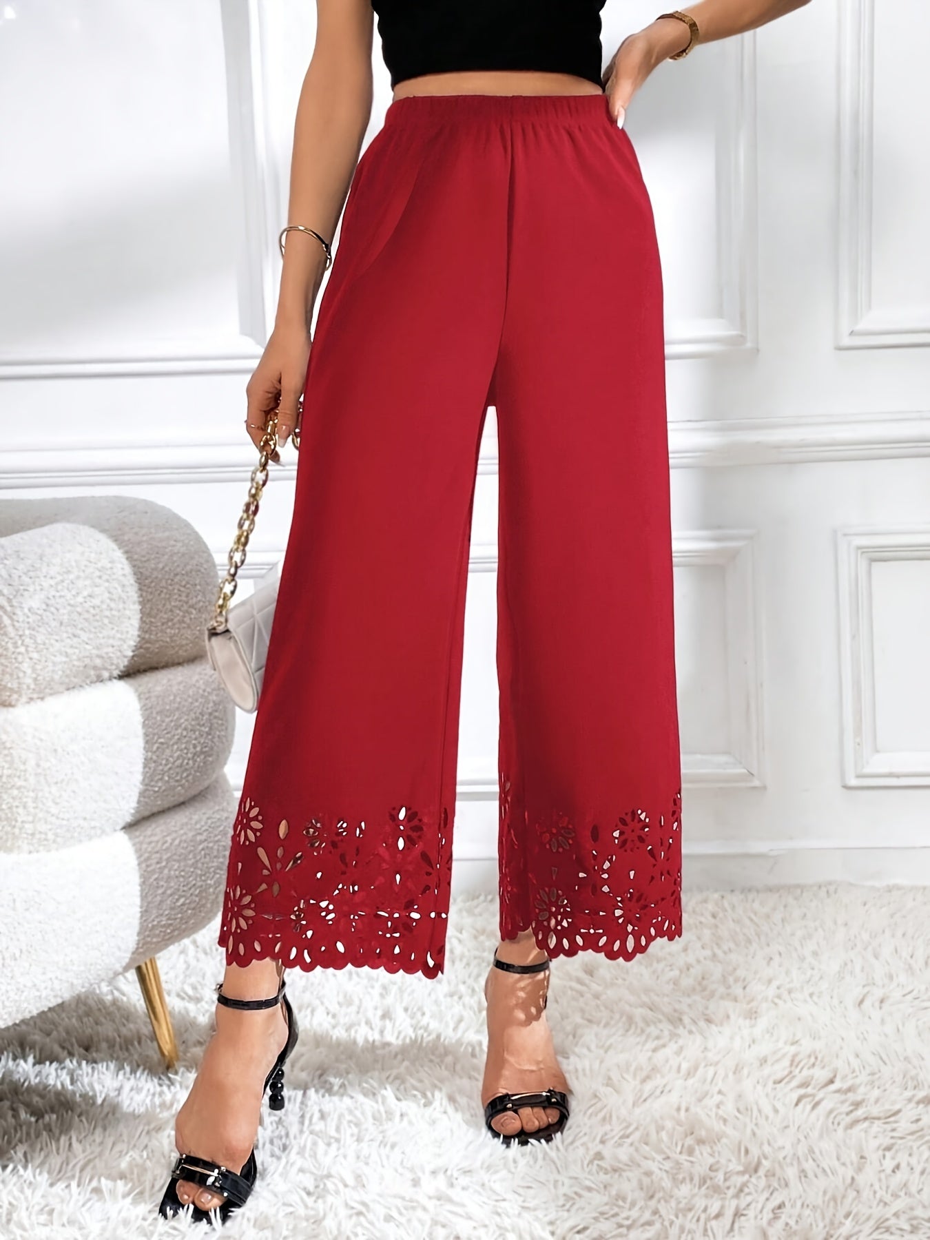 dunnmall  Lace Stitching Wide Leg Pants, Casual Elastic Waist Solid Pants, Women's Clothing