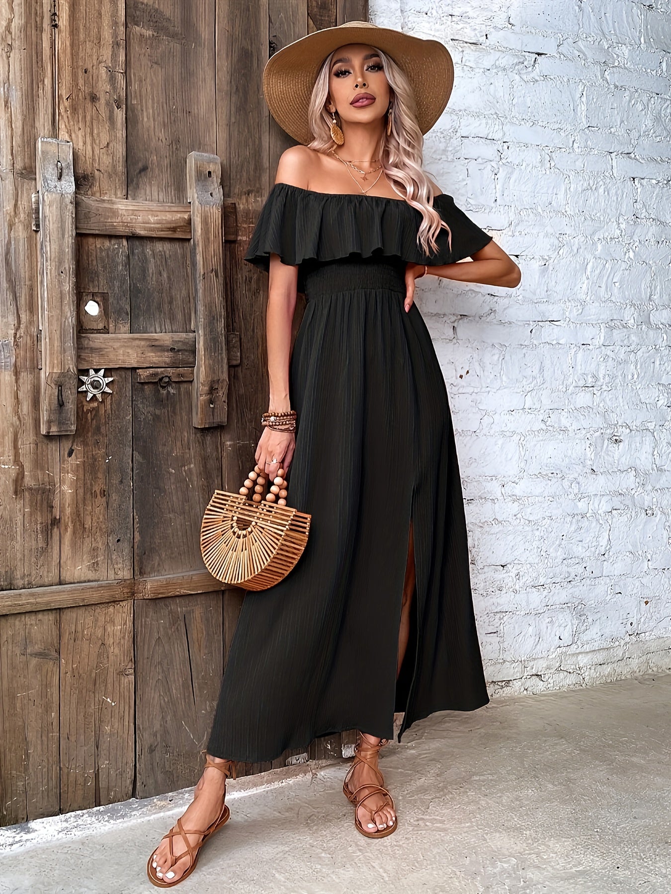 Textured Foldover Off Shoulder Vacation Dress, Elegant Split Thigh Flowy Maxi Dress For Spring & Summer, Women's Clothing