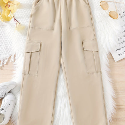 Girl Solid Trendy Side Pockets Cargo Pants, Kids Comfy Versatile Pants For Streetwear