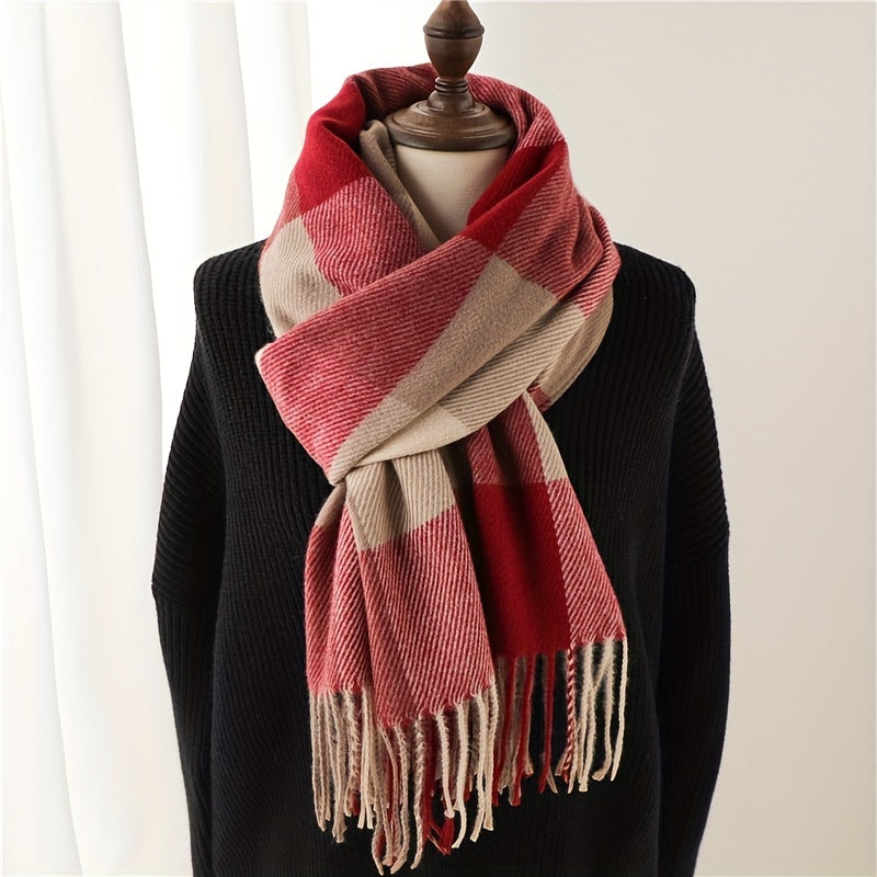 Thick Soft Plaid Tassel Scarf - Warm, Versatile, and Stylish Neck Accessory for Autumn and Winter - Polyester Made, Preppy Style, Weekend Casual Wear, Inelastic, and Feather-Free