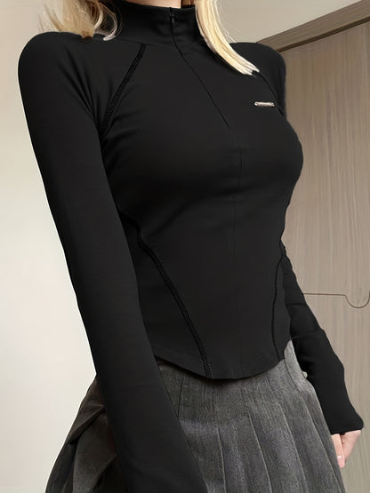 Women's Season-Versatile High Neck Cotton Blend Top – Sporty Chic with Zip Detail, Stretch Comfort