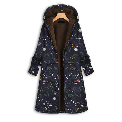 New autumn and winter thickened printing cross-border European and American women's clothing hooded slim-fitting long cotton-padded clothes wholesale warm jacket