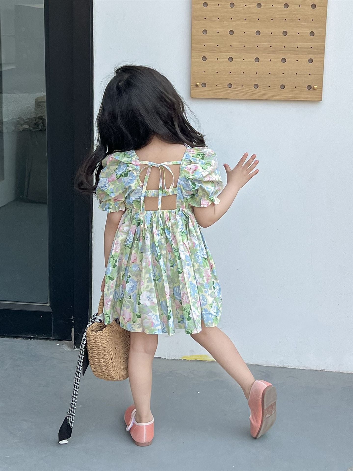 DUNNMALL  Summer Korean Style Children's Wear New Product Girls'  Square Collar Floral Backless Dress Holiday Dress Princess Dress