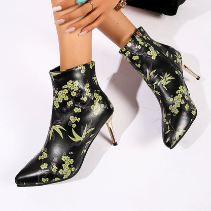 New HOTan and NEWn Flower High Heels Boots Cross-Border Fashion Stiletto Back Zipper Four Seasons Autumn Boots Women