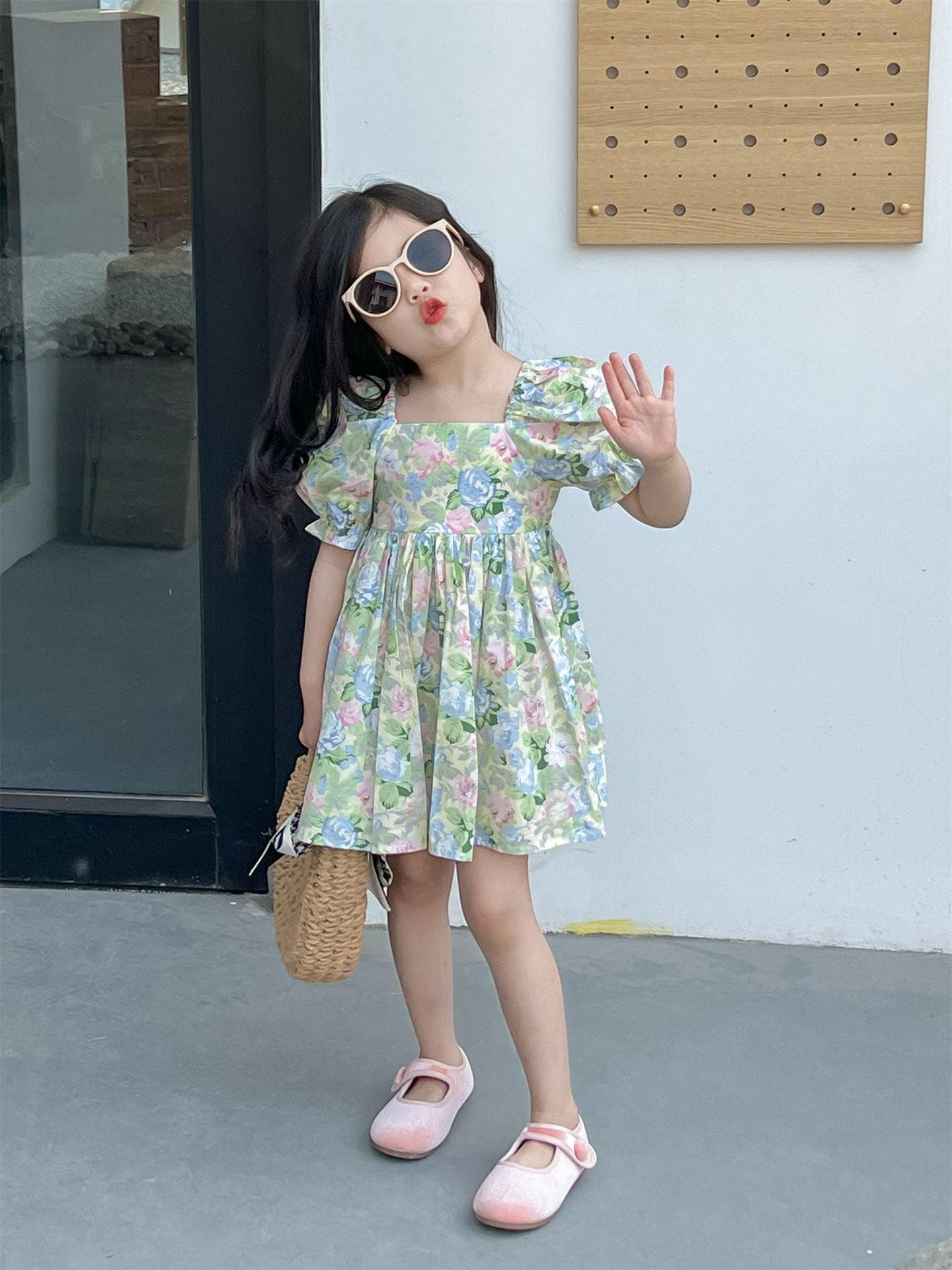 DUNNMALL  Summer Korean Style Children's Wear New Product Girls'  Square Collar Floral Backless Dress Holiday Dress Princess Dress