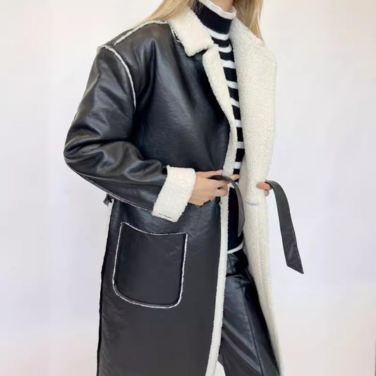 cross-border foreign trade 2023 Europe, America, autumn and winter women's casual leather thickened trench coat loose fashion coat women