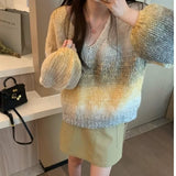 Gradual change of color V-neck long-sleeved sweater large size women's autumn and winter new fashion loose outer wear knitted sweater one piece hair