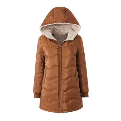 Autumn and winter new European and American geometric wave hooded medium and long loose velvet warm cotton-padded clothes imitation lamb wool women's cotton-padded jacket