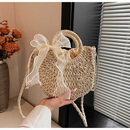 DUNNMALL In Stock Factory Direct Sales Paper String Straw Bag Portable Crossbody Shoulder Bag Beach Bag Straw Bag Semicircle Lace Grass