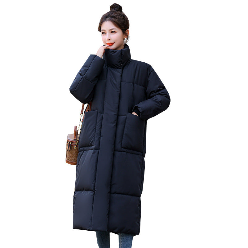 The same down cotton-padded clothes in the mall are women's long styles. In the winter of 2023, the new fried street knee stand-up collar thermal cotton-padded clothes and women's jackets.