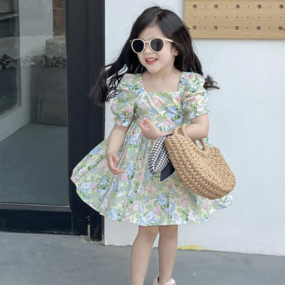 DUNNMALL  Summer Korean Style Children's Wear New Product Girls'  Square Collar Floral Backless Dress Holiday Dress Princess Dress