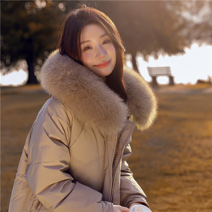 Korean version waist and thin down jacket women's knee long 2024 autumn and winter new hooded white duck down thickened coat tide