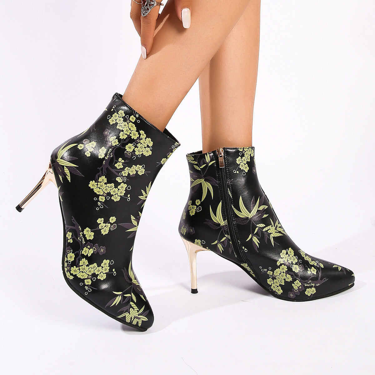 New HOTan and NEWn Flower High Heels Boots Cross-Border Fashion Stiletto Back Zipper Four Seasons Autumn Boots Women