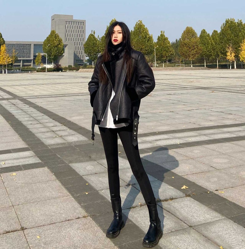 European and American style winter women's clothing fashion locomotive version lapel fur integrated thickened warm coat leather coat women