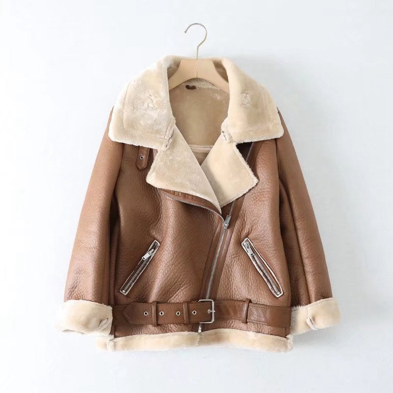 European and American style winter women's clothing fashion locomotive version lapel fur integrated thickened warm coat leather coat women