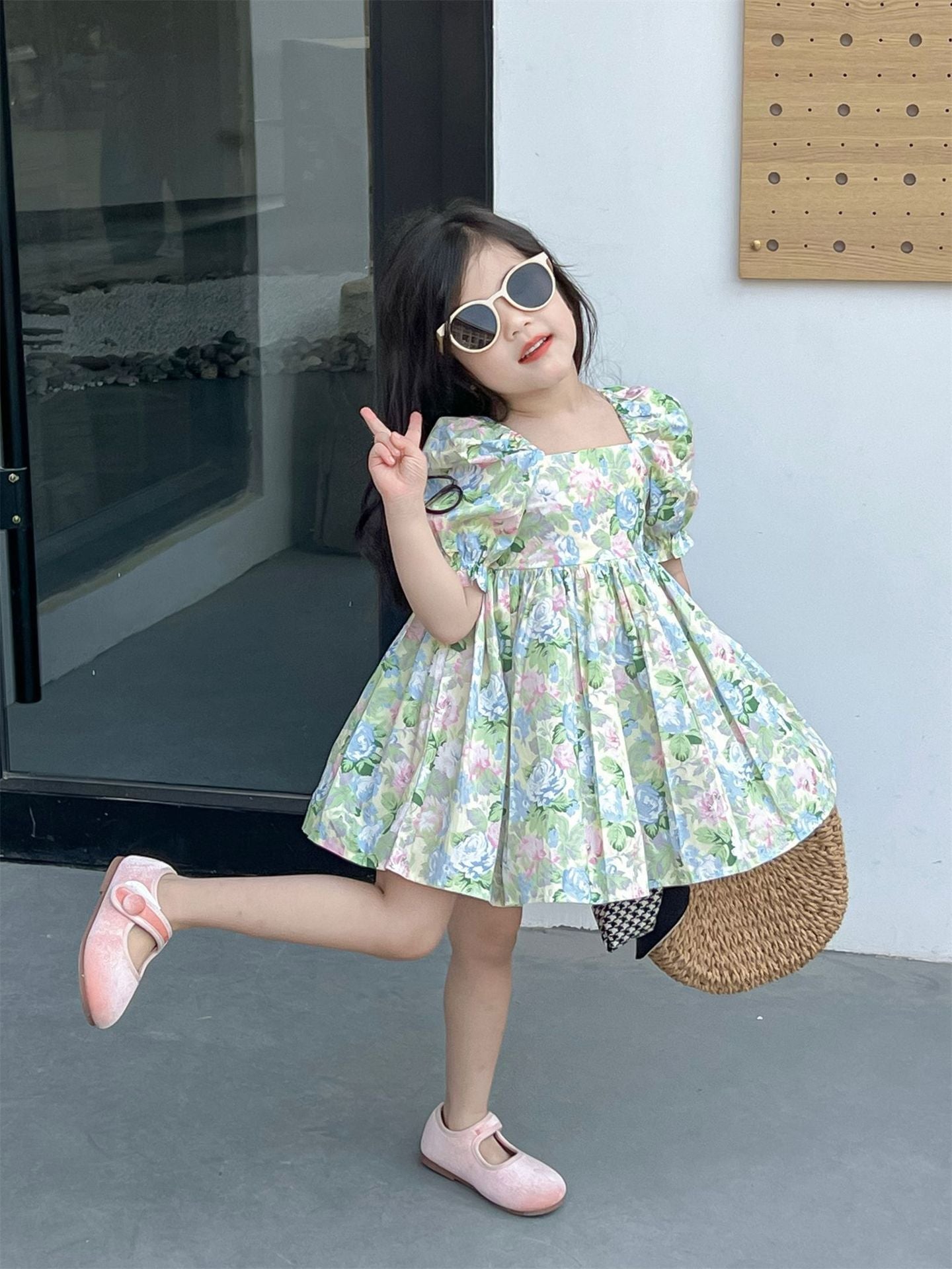 DUNNMALL  Summer Korean Style Children's Wear New Product Girls'  Square Collar Floral Backless Dress Holiday Dress Princess Dress