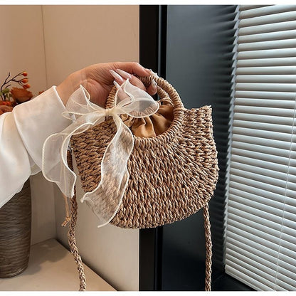 DUNNMALL In Stock Factory Direct Sales Paper String Straw Bag Portable Crossbody Shoulder Bag Beach Bag Straw Bag Semicircle Lace Grass