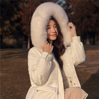 Korean version waist and thin down jacket women's knee long 2024 autumn and winter new hooded white duck down thickened coat tide